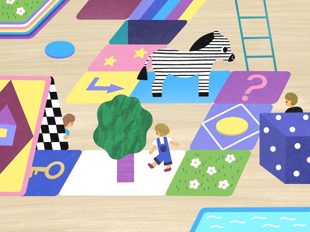Иллюстрация: дети и зебра передвигаются по игровому полю