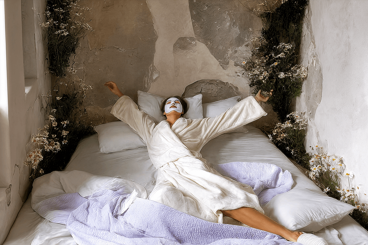 Девушка в халате и маске лежит на кровали