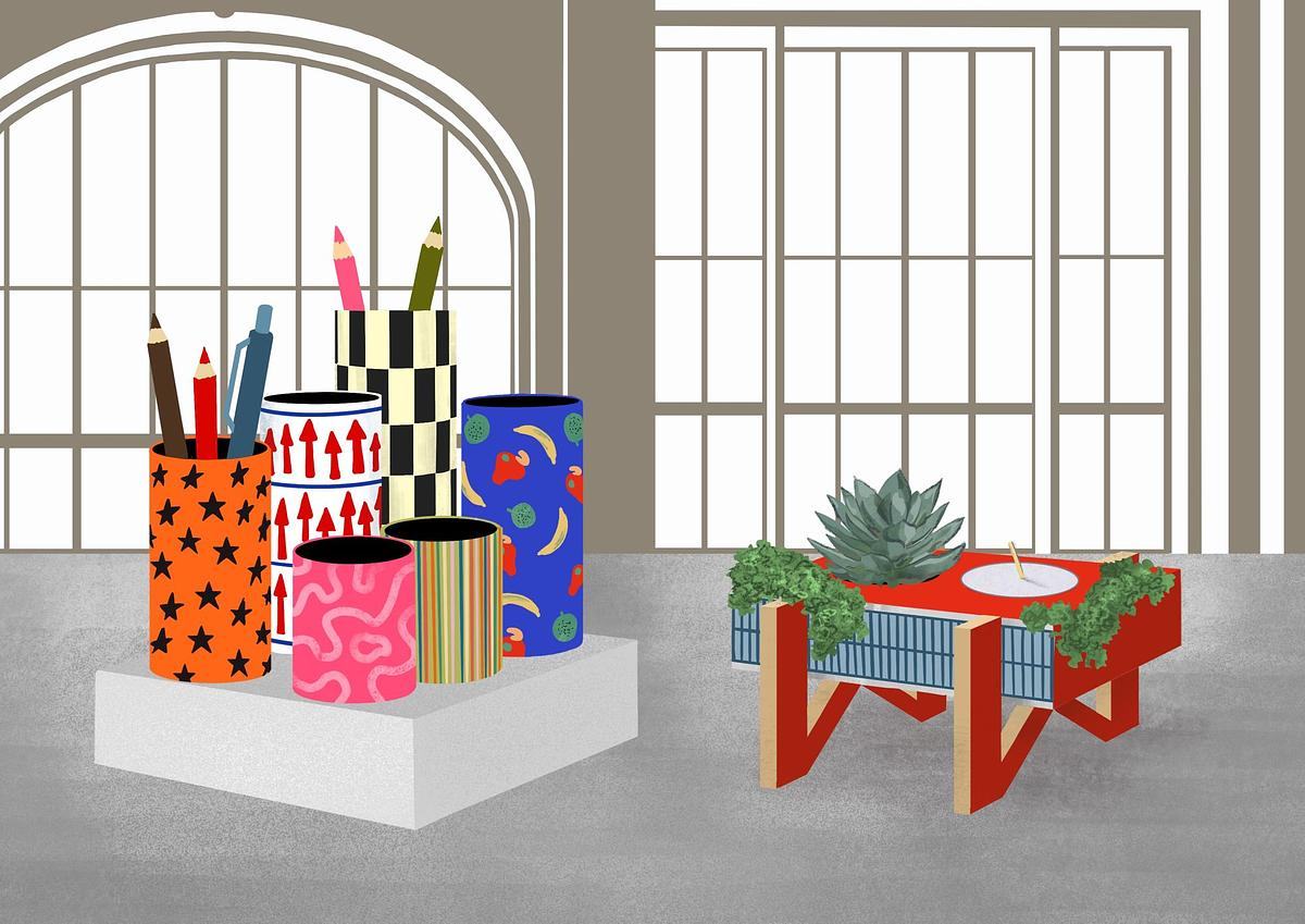 Иллюстрация, с карандашами и столом со свечкой на фоне ГЭС-2