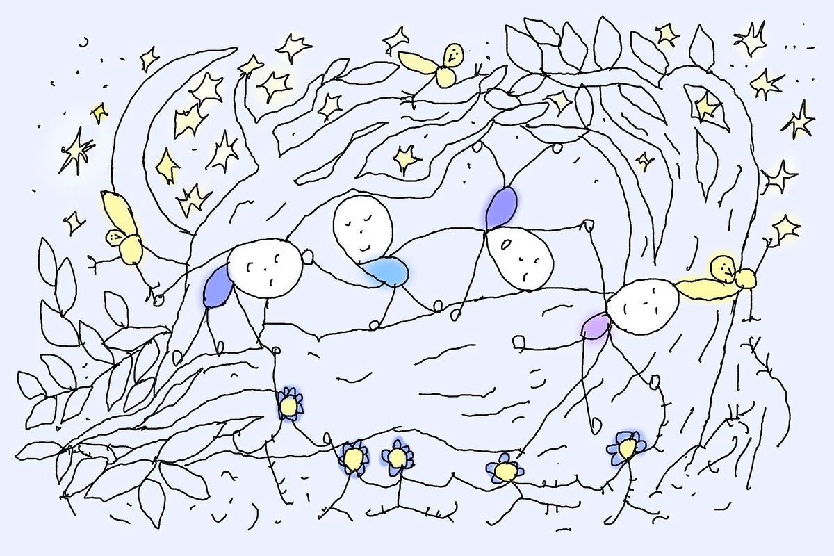 Иллюстрация: нарисованные человечки-яйца гуляют ночью в лесу