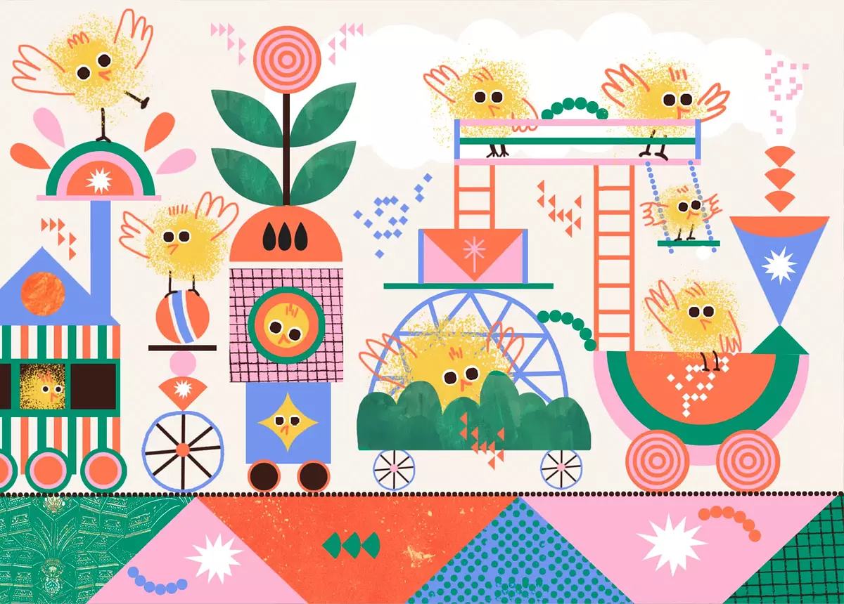 Иллюстрация, птенцы едут в вагончиках