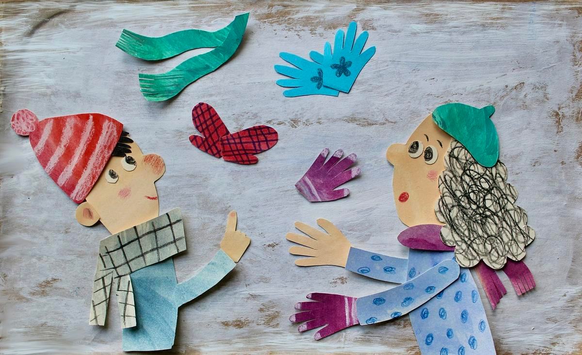 Иллюстрация, мальчик и девочка ловят перчатки и шарф