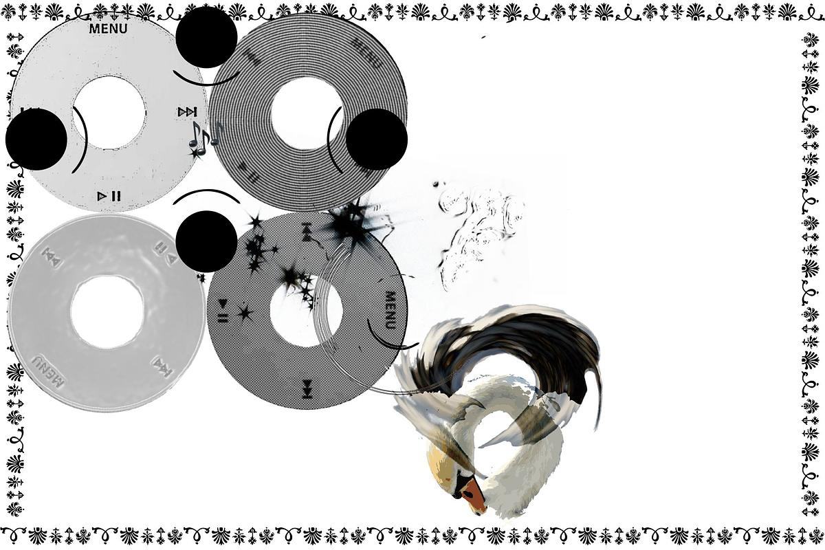 Коллаж с головой лебедя и музыкальными пластинками