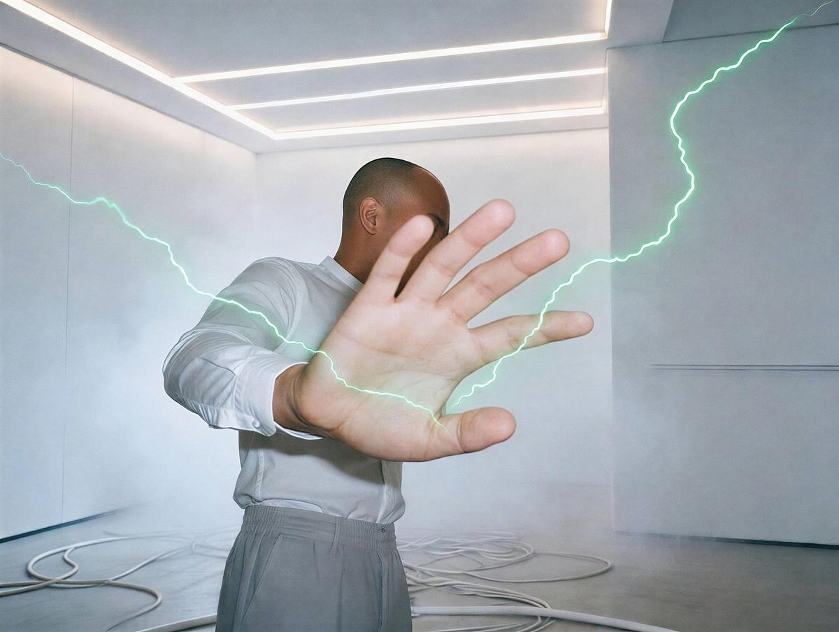 Человек загораживает лицо рукой, из которой бьют зеленые молнии