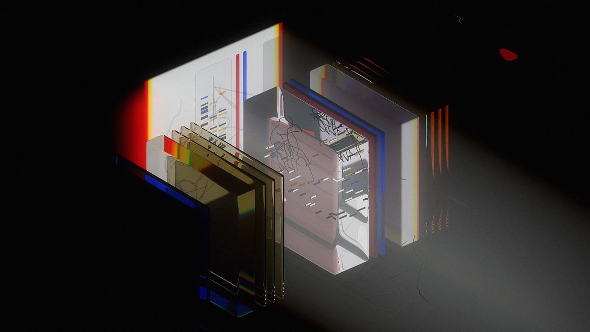 Титульное изображение для страницы события: 3D-изображение абстрактной проекции в зале на черном фоне
