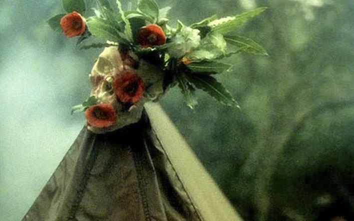 Титульное изображение для страницы события: кадр из фильма «Территория», букет цветов на зеленом фоне