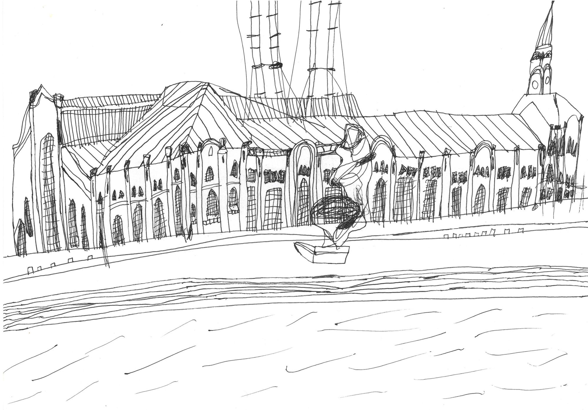Карандашный рисунок вида здания <nobr>ГЭС-2</nobr> с противоположной набережной