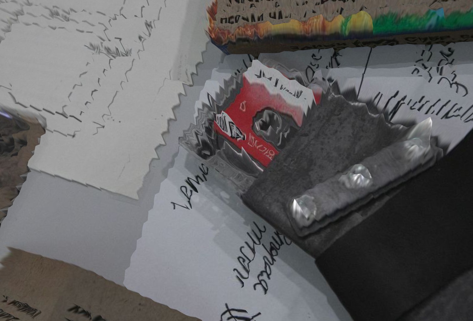 Размытое фото, кассета для диктофона лежит на столе с вырезками газет и листами с записями