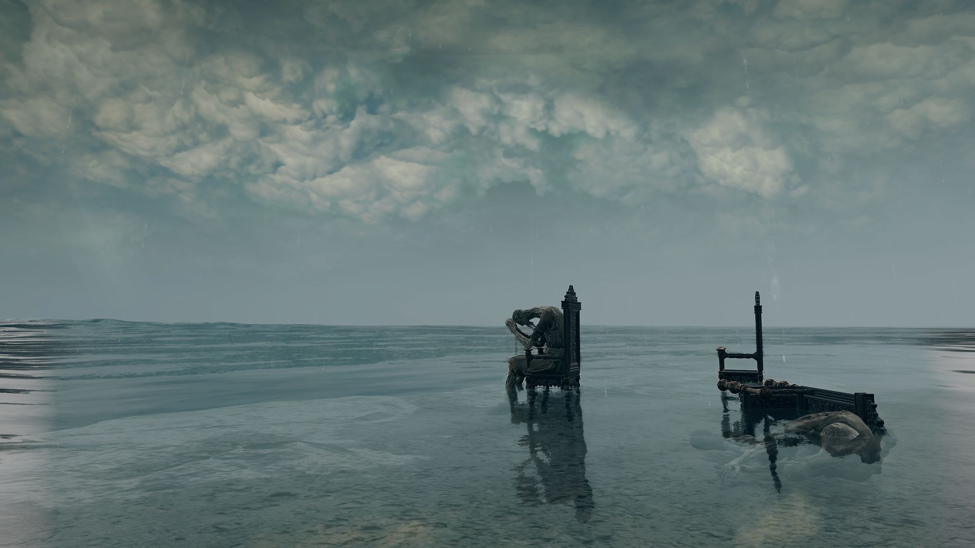 Скриншот из компьютерной игры, существо сидит на стуле в окружении воды