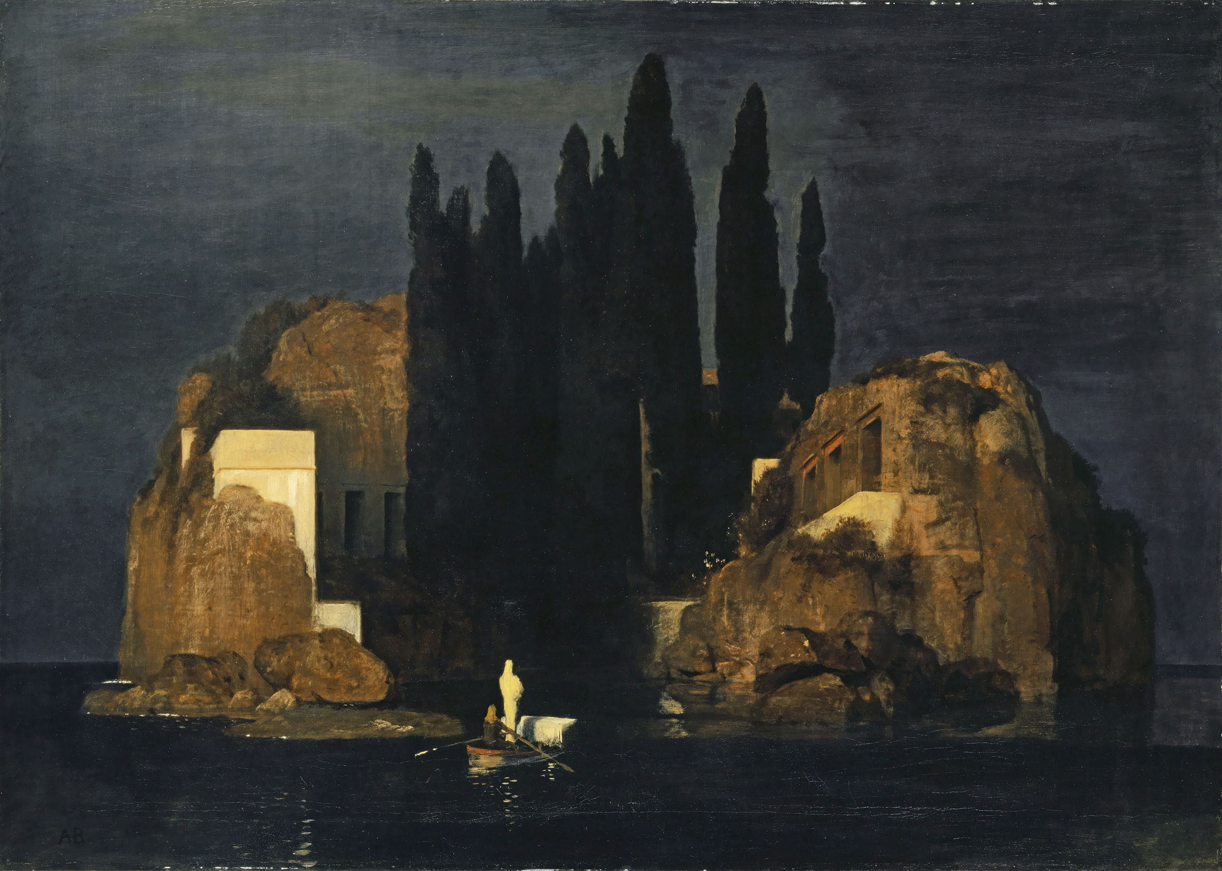 Картина маслом с изображением острова и лодки