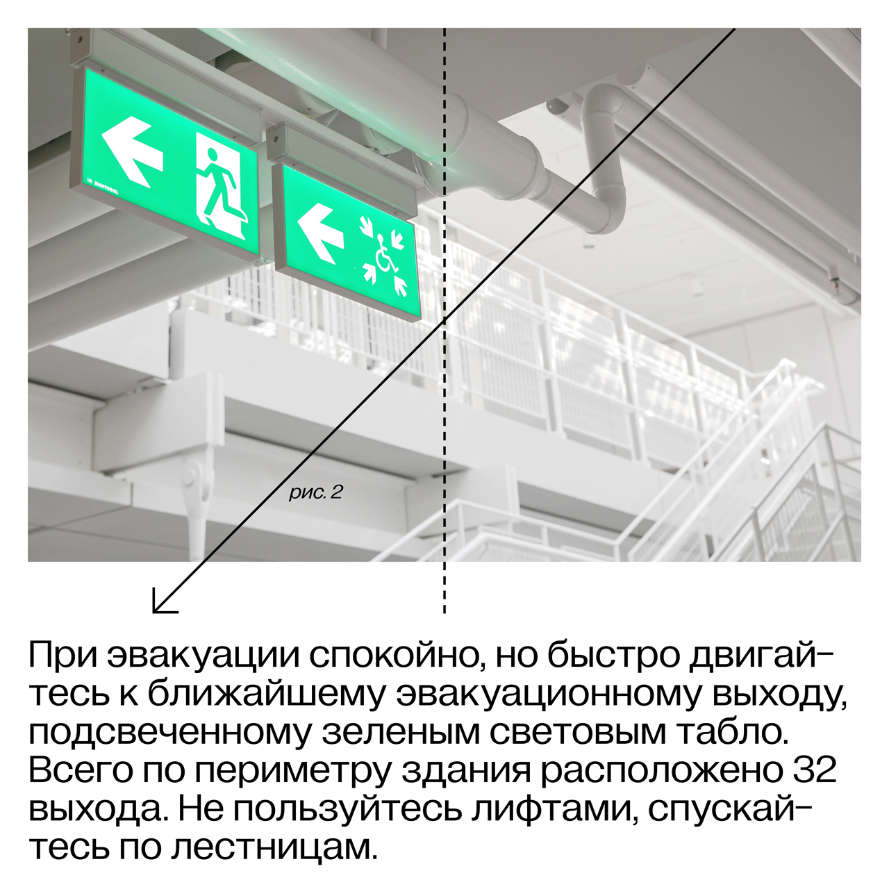 Карточка 2. Фотография зеленых световых табло-указателей эвакуационных выходов и текст: «При эвакуации спокойно, но быстро двигайтесь к ближайшему эвакуационному выходу, подсвеченному зеленым световым табло. Всего по периметру здания расположено 32 выхода. Не пользуйтесь лифтами, спускайтесь по лестницам».